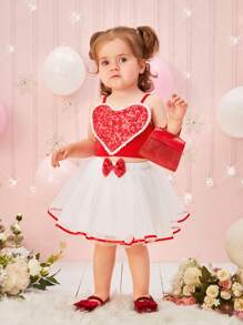 Elegant, Cute And Fashionable Valentine'S Day Love Top And Mesh Skirt Set For Baby Girls - Multicolor - View 5