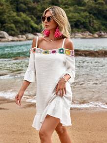 SHEIN VCAY Váy mùa hè có vai và tay loe dành cho nữ trong kỳ nghỉ đi biển - trắng - Xem 6