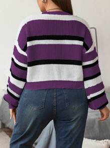 Flirla 大尺碼女款短條紋毛衣 - 紫色 - 查看 2