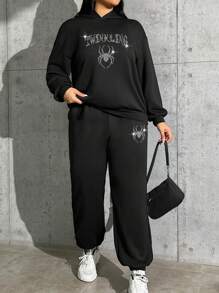 SHEIN Coolane Plus Size Sparkling Rhinestone Spider & Letter Print Hoodie And Pants Set - Black - View 2