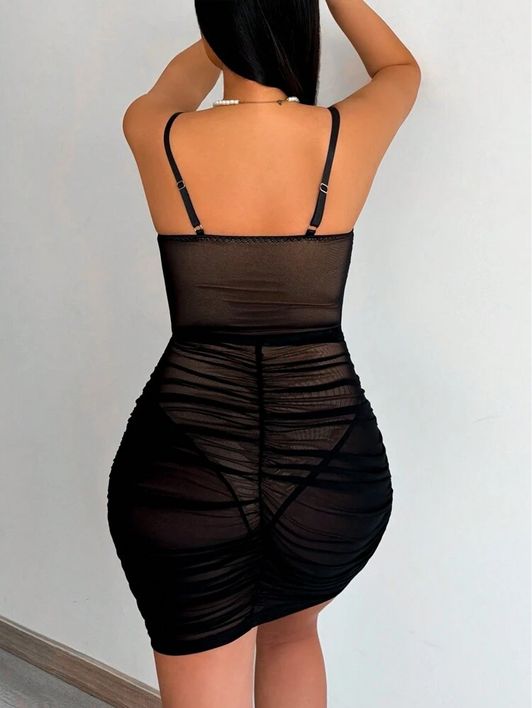 Pleated Mesh Overlay Cami Bodysuit And Skirt 2pcs Set