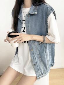 Áo vest denim cài nút phía trước thoải mái, không kèm áo lót - Rửa trung bình - Xem 4