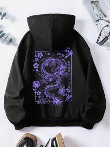 SHEIN EZwear 女用背龍圖案連帽衛衣 - 黑色 - 查看 3