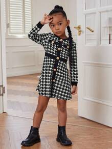 SHEIN Young Girl Houndstooth Print Button Front Dress - Black - View 3