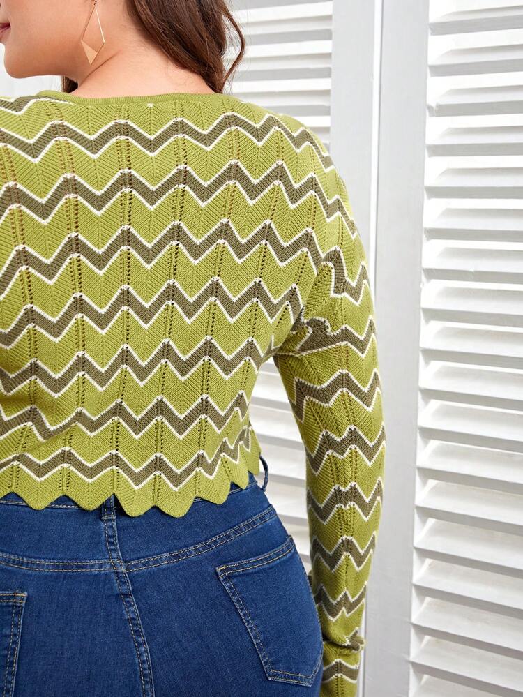 Designer Women Plus Chevron Pattern Cut Out Tie Front Sweater, For Holiday, Festival