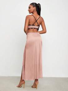 Thainara Oliveira Satin Dress With Lace Trim - Pink - View 2