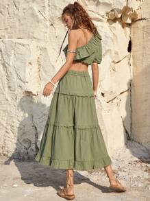 Bohemela 假日風格女性荷葉邊單肩短袖上衣和分割式裙子套裝 - 軍綠色 - 查看 2