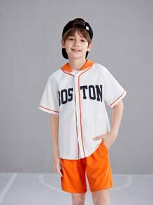 SHEIN Conjunto De Camisa Com Capuz Solta De Cor Contrastante Com Estampa De Letra Universitária E Shorts Para Meninos Adolescentes - Laranja - Ver 3