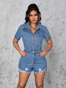 SHEIN SXY 破洞牛仔連身褲 - 中等水洗藍 - 查看 4