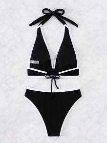 SHEIN Swim Women's Contrast Color Halterneck Strappy Two-Piece Bikini Set Suit Summer Beach - Multicolor - View 6