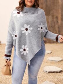 Calvaya 女士大尺碼花卉高領毛衣 - 彩色 - 查看 3