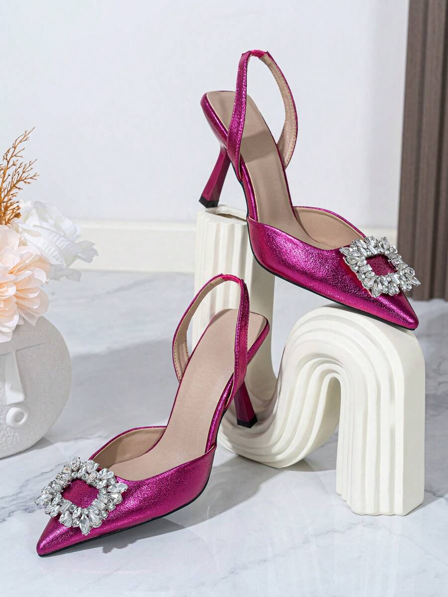 女用金屬高跟後空心鑽石涼鞋 - 中紫紅色 - 查看 1