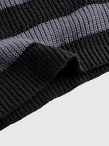 ROMWE Grunge Punk Asymmetric Neckline Deep Black & Gray Striped Pullover Sweater,Long Sleeve Tops - Multicolor - View 3