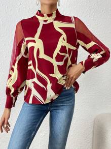 SHEIN Privé 女裝印花立領網紗燈籠袖襯衫 - 紅白色 - 查看 4