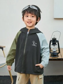 SHEIN 男童可愛恐龍圖案寬鬆色塊連帽外套,拼接款 - 灰色 - 查看 6