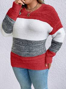 SHEIN LUNE Plus Size Contrasting Drop Shoulder Sweater Knit Pullover Fall Winter - Red - View 6