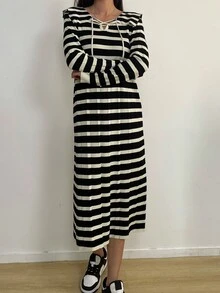 Contrasting Striped Cross Tied Collar Sweater Dress - Black - View 5
