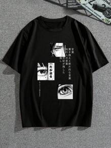 Manfinity Dauomo 男士動漫人物日本印花圓領 T 卹 - 黑色 - 查看 3