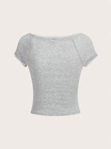 SHEIN EZwear Summer Raglan Sleeves Lace Trim Rib-Knit Tee - Grey - View 2