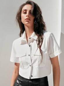 Anewsta 女士短袖襯衫,帶有裝飾口袋 - 白色 - 查看 1