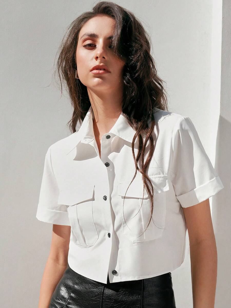 Anewsta 女士短袖襯衫,帶有裝飾口袋 - 白色 - 查看 1