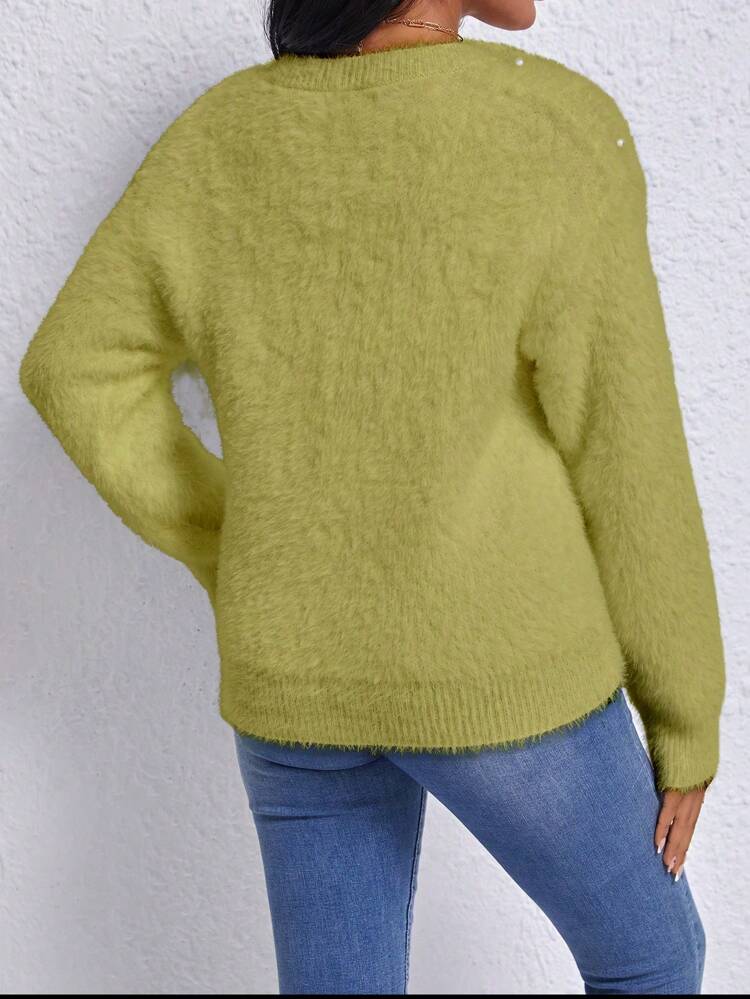 V-Neck Faux Pearl Beaded Batwing Sleeve Knit Pullover Fall Winter Sweater