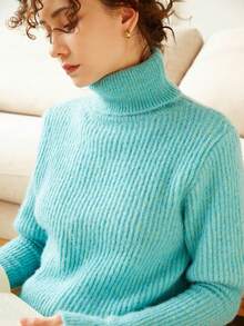 Women's Casual Solid Color Turtleneck Sweater, Autumn/Winter - Green - View 4