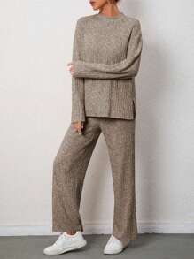 SHEIN Essnce Solid Color Drop Sleeve T-Shirt And Trousers Two-Piece Set - Coffee Brown - View 3