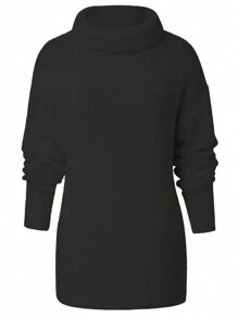 Flirla 大码女式高领宽松针织套头衫 秋冬款 - 黑色 - 查看 4