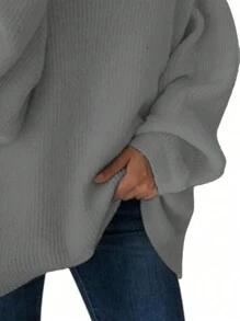 Flirla Plus Size Women's Turtleneck Pullover Knit Pullover Fall Winter Autumn - Grey - View 3