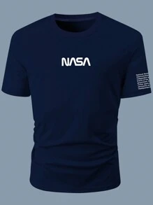 Manfinity Homme 男士短袖t恤,帶有字母印花 - 藏蓝色 - 查看 1