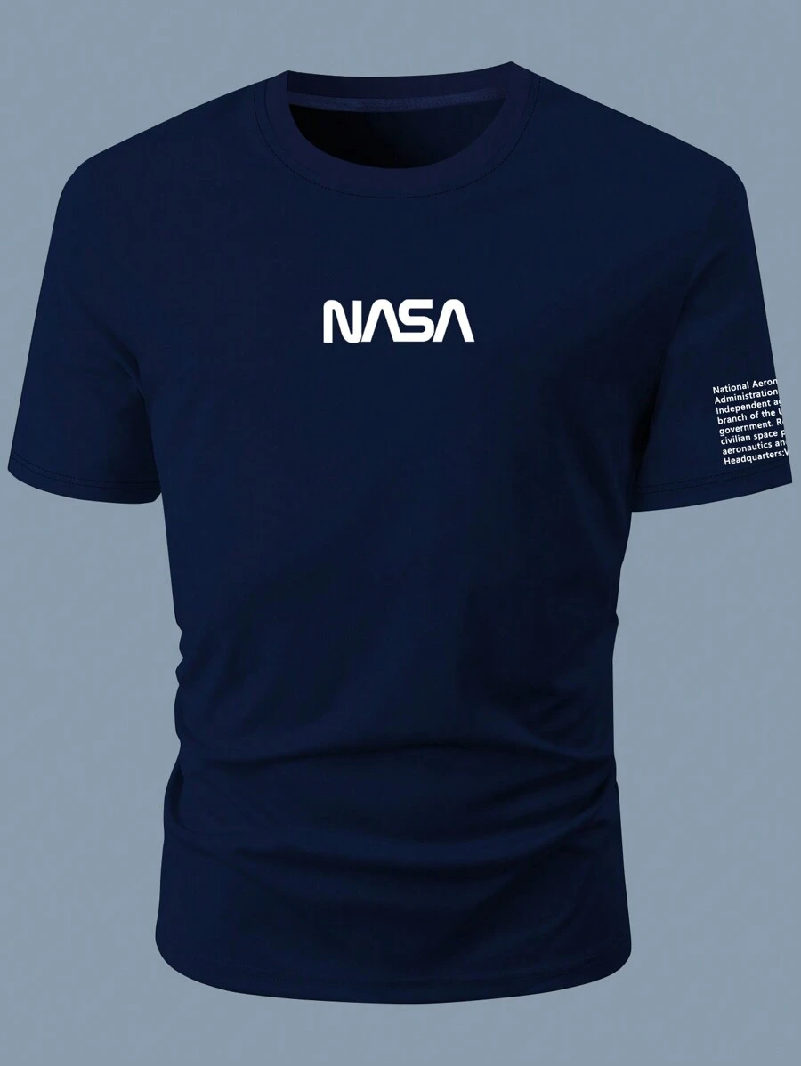 Manfinity Homme 男士短袖t恤,帶有字母印花 - 藏蓝色 - 查看 1