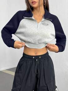 SHEIN EZwear 女士字母拼色短raglan袖運動毛衣 - 藍色 - 查看 4