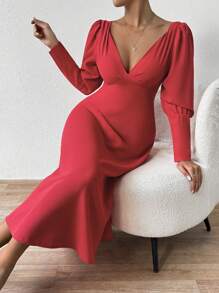 Chiquease Women's Deep V-Neck Backless Tie-Front Dress Fall Cloth For Women - Red - View 3