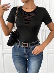 Chiquease Ngẫu nhiên Họa tiết Hình học Chèn lưới Áo thun - màu đen - Xem 2