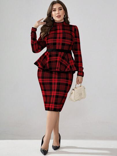 SHEIN Clasi 大尺碼女性格紋荷葉邊修身兩件套裝