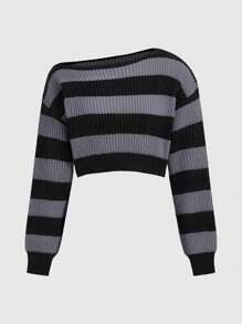 ROMWE Grunge Punk Asymmetric Neckline Deep Black & Gray Striped Pullover Sweater,Long Sleeve Tops - Multicolor - View 1