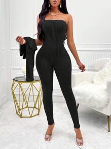 Zolique Strapless Slim-Fit Ribbed Knit Jumpsuit And Long-Sleeve Jacket Two-Piece Set - Black - View 4