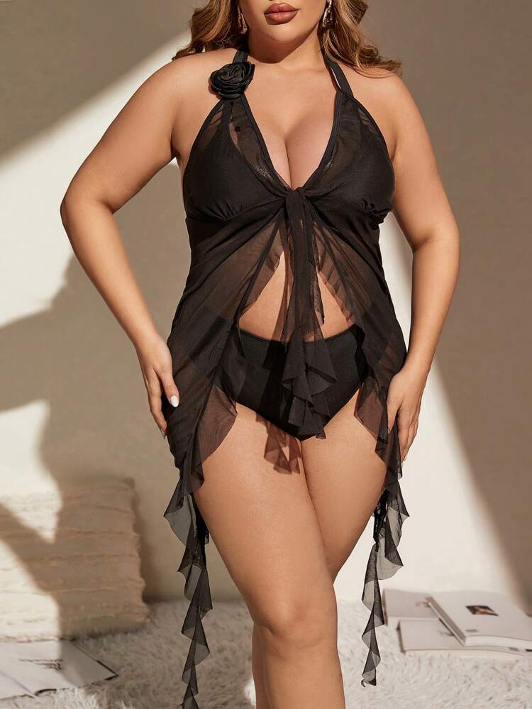 Plus Size 3d Floral Halter Kimono With Ruffle Edge Summer