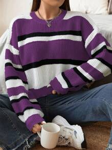 Flirla 大尺碼女款短條紋毛衣 - 紫色 - 查看 7