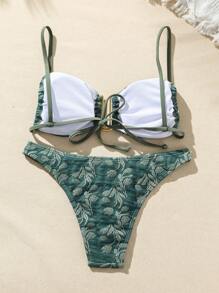 Textured Ruched Bikini Set With Padded Cup Summer Beach - Green - View 2