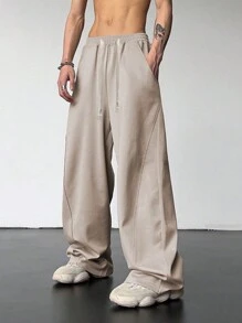 Manfinity Hypemode Loose-Fit Men's Top-Stitching Drawstring Waist Sweatpants - Beige - View 3