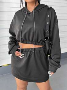 SHEIN EZwear Zweiteiliges Set Mit Kordelzug-kapuzenpullover Und Rock In Übergröße Für Damen - Grau - Übersicht 4