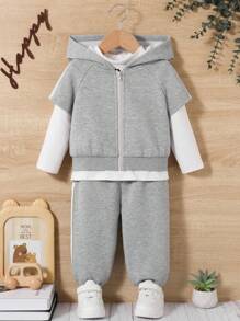 SHEIN Baby Boys' Letter Print High Neck Top With Inner Fleece, Zipper Hoodie And Wide Leg Pants 3pcs/set - Light Grey - View 8