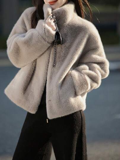 Women Half-High Collar Furry Casual Coat, Autumn/Winter