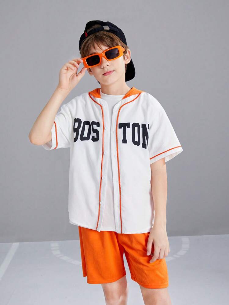 Tween Boys' Loose College Letter Pattern Hooded Contrast Color Shirt And Shorts Two-Piece Set