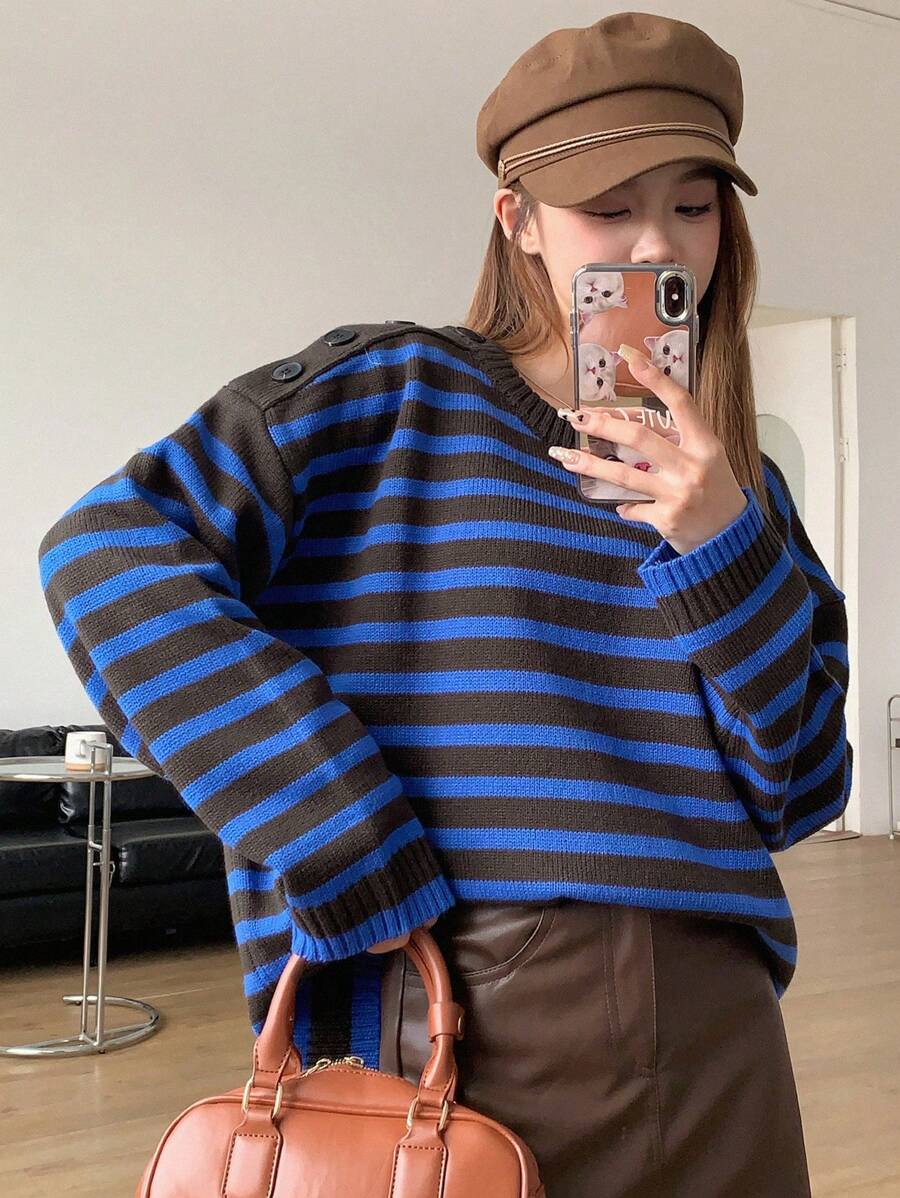 DAZY Women's Striped Drop Shoulder Long Sleeve Sweater,Fall Clothes - Blue - View 1