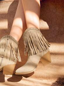Styleloop Vintage Western Style Fringed Cowboy Boots For Farming, Riding And Motorcycle - Khaki - View 3