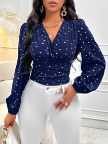 SHEIN Unity 女士爱心印花灯笼袖衬衫、长袖上衣 - 藏蓝色 - 查看 6