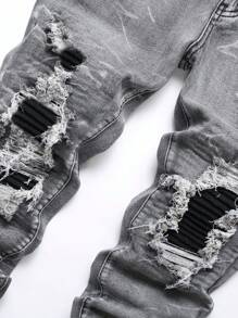 Manfinity Roughcore 男式加大码破洞修身长款磨边工装牛仔裤纯色浅灰色迪斯科复古休闲通勤学院风街头Emo风格